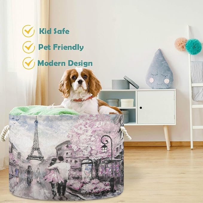 visesunny Storage Basket Oil Painting Paris Nursery Hamper Canvas Fabric Toy Storage Organizer Bin Storage Box Laundry Basket for Kid Rooms,Playroom,Shelves,Toy Basket
