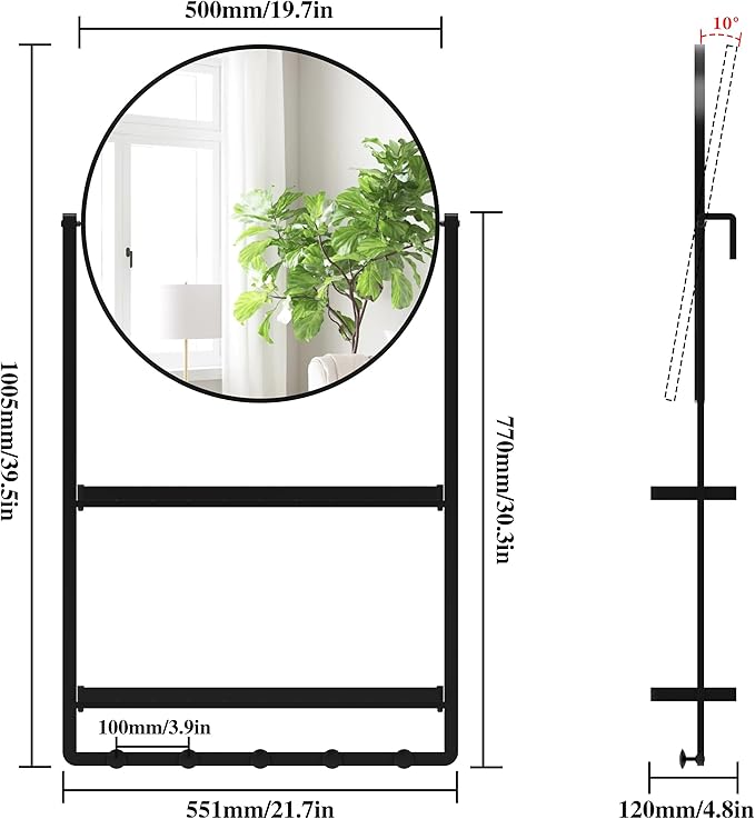 WONSTART 39.5" × 21.7" Black Round Wall Mirror with Shelf and Hooks, 10° Adjustable Tilt Metal Frame Bathroom Mirror with Shelf for Bedroom, Entryway, Living Room