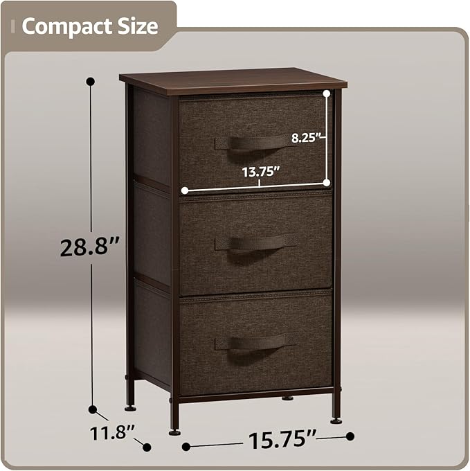 Sorbus Nightstand with 3 Drawers - Bedside Furniture & Night Stand End Table Dresser with Steel Frame, Wood Top, Easy Pull Fabric Bins for Home, Bedroom Accessories, Office & Dorm