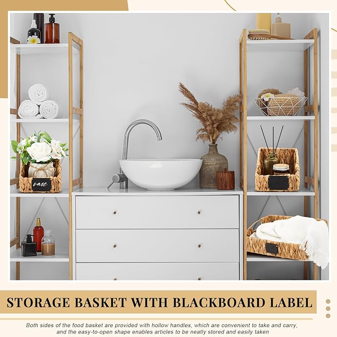 4 Pcs Water Hyacinth Storage Basket Set Wicker Rattan Pantry Basket with Chalkboard Label Handles Woven Container Kitchen Laundry Large Small for Shelves Food Home Bathroom Decor