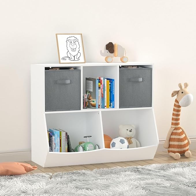 Kids Bookshelf, 5-Cubby Wood Toy Storage Cabinet with Two Drawers, Toy Storage Cubby, Toy Storage Organizer for Children's Room, Playroom, Hallway, Kindergarten, School, Grey