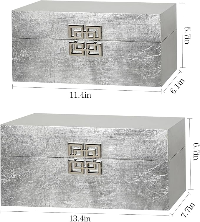 Elegant Decorative Storage Boxes with Hinged Lid - Classic Wooden Organizers with Geometric Clasp - Set of 2 for Home & Office (Foil Silver)