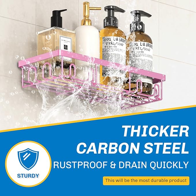 Shower Caddy 9 Pack,Adhesive Organizer for Bathroom Decor Accessories & Kitchen Storage,No Drilling,Large Capacity,Rustproof Stainless Steel Organizer,Home Decor Shelves (Pink 9 Pack)