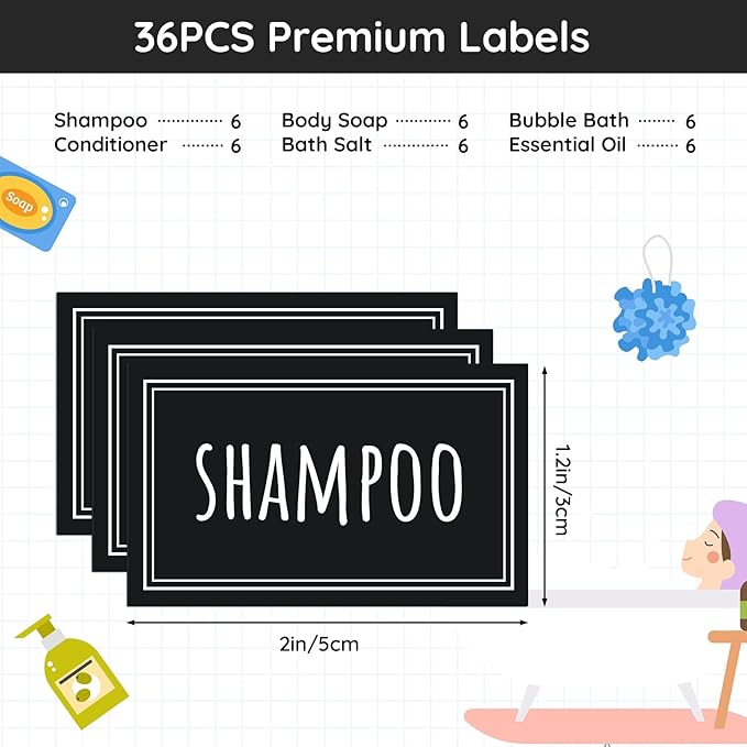 Segbeauty 36PCS Black Waterproof Labels, Self-Adhesive Bathroom Labels for Organizing, Removable Printed Shampoo Conditioner Body Soap Bath Salt Essential Oil Label Stickers for Plastic Glass Bottles