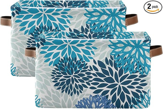 susiyo Large Foldable Storage Bin Blue Navy Chrysanthemum Flowers Fabric Storage Baskets Collapsible Decorative Baskets Organizing Basket Bin with PU Handles for Shelves Home Closet Bedroom-2Pack