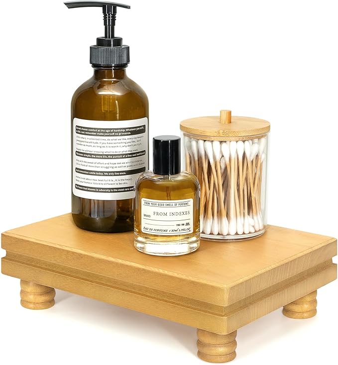 EOSAHR Decorative Pedestal Stand for Home Decor â Farmhouse Wooden Tray as Soap Holder & Bathroom Counter Organizer - Display Stand to Elevate Bathroom Decor (Light Brown)