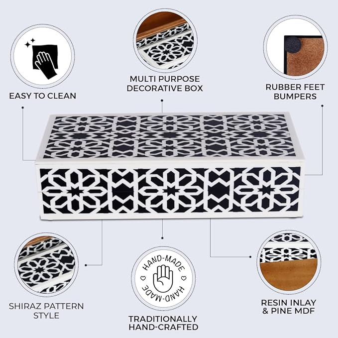 Handicrafts Home Decorative Storage Box with Lid–Black White Persian Mosaic Storage Box, Islamic Rosette Pattern Coffee Table Organizer, Keepsake Box for Living Room & Console Decor– Shiraz 10x4.5x2.5
