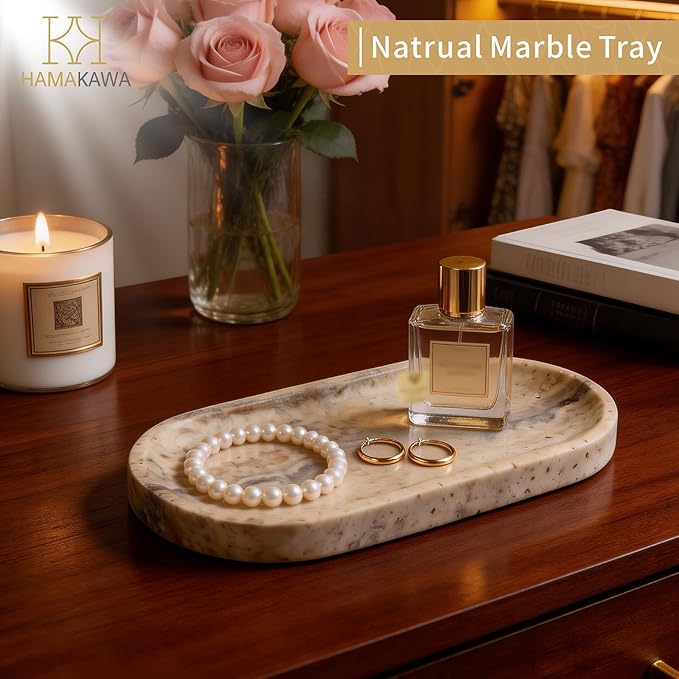 Bathroom Vanity Tray, Natural Marble Oval Tray 10 inch, GreyTravertine Vanity Tray for Soap Dispenser Modern Countertop Organizer for Kitchen Countertops, Home Decor