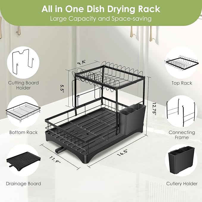 Dish Drying Rack, Dish Racks for Kitchen, 1 Tier or 2 Tiers Large Dish Drainer Organizer with Utensil Holder, Kitchen Counter Organizers and Storage Rack with Drainboard, Screw-Free Mounting (Black)