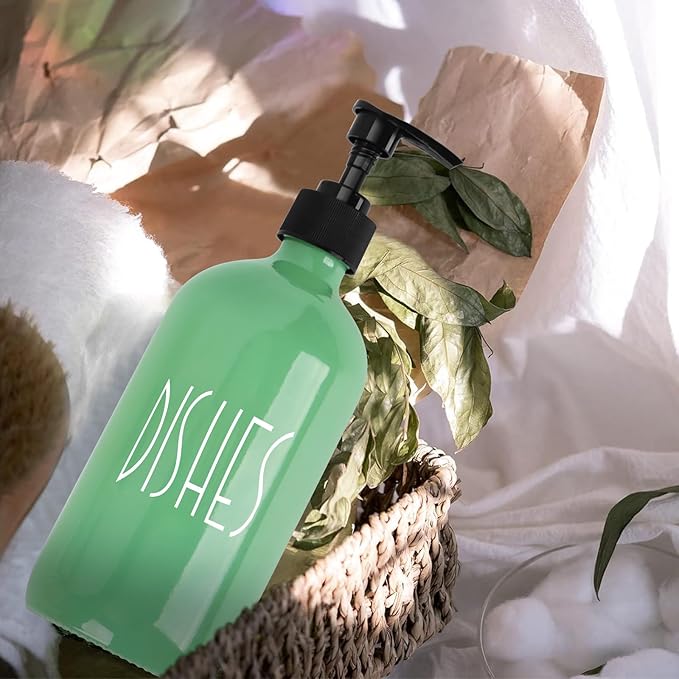 Dish Soap Dispenser for Kitchen - 16 OZ Glass Hand Soap Dispenser Set - Kitchen Bathroom Decor and Accessories (Avocado Green)
