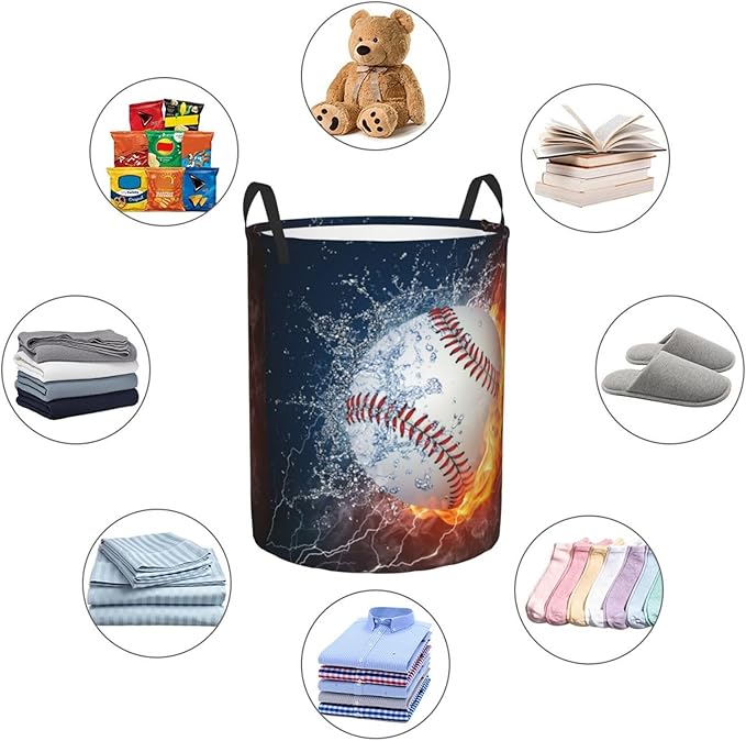 Sport Baseball Ball In Fire And Water Round Laundry Hamper Storage Basket Toys Clothes Organizer Bin For Home Bathroom Bedroom Dorm Nursery, 62l