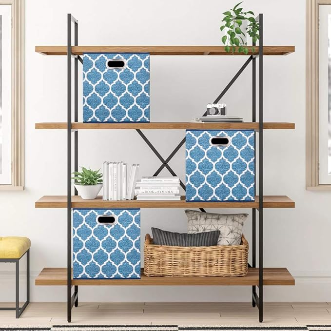 13x13x13 Inch Cube Storage Bins Blue Navy Foldable Grid Lantern Print Fabric Storage Basketes for Home Organizers Storage Drawer,QY-SC02-6