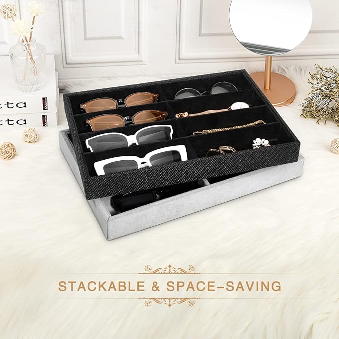 Emibele Glasses Organizer Jewelry Tray, 8 Grids Velvet Tray Watch Storage Stackable Jewelry Showcase Display Storage with Detachable Inner Dividers, Black