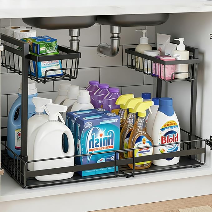 Under Sink Organizer, 2 Tier Metal Under Sink Organizers and Storage, Adjustable Slide out Pull out Cabinet Organizer Shelf for Kitchen Bathroom Pantry Cabinet