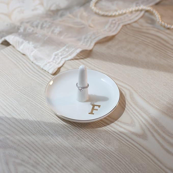 HOME SMILE Initials Ring Holder Jewery Tray with personalized F-Monogrammed Engagement Gifts for Friends,Birthday Mother's Day Christmas Gifts for Women,Ceramic White