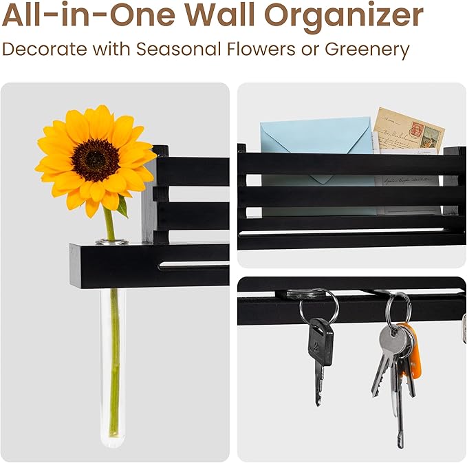 AELS Black Wall Mounted Key Holder with Acrylic Vase & Mail Organizer, Wooden Entryway Key Rack with 5.9" Test Tube Vase, Decorative Key Hanger with Slot for Keys and Letters, Gift Idea