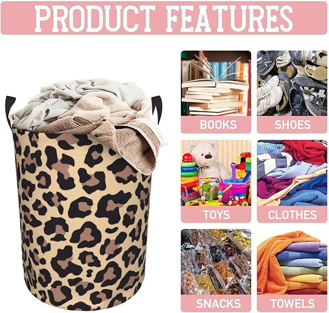 Leopard Print Animal Cheetah Round Laundry Hamper Storage Basket Toys Clothes Organizer Bin For Home Bathroom Bedroom Dorm Nursery, 62l