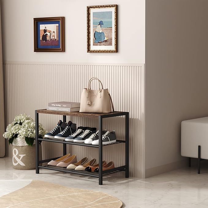 HOMEFORT 3-Tier Shoe Rack, Shoe Storage Shelf, Industrial Shoe Tower, Narrow Shoe Organizer for Closet Entryway, Small Shoe Rack Table with Durable Metal Shelves, Rustic Brown