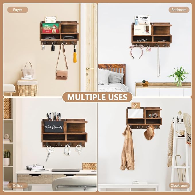Key Holder Wall Mount, Wooden Mail and Key Organizer with Chalkboard and Mirror, 3 Greeting Cards, 8 Hooks, Brown, Type 2