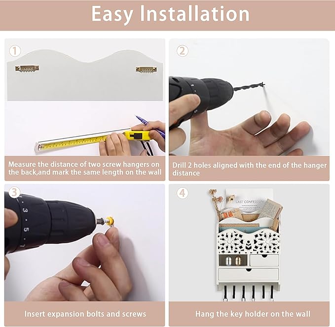 3-Slot Mail Sorter Organizer Wall Mount with 6 Hooks, Key Holder for Wall Decorative with 2 Drawer, Key Rack Hanger for Home Coat/Letter/Magazines/Dog Leash/Entryway/Room Decor