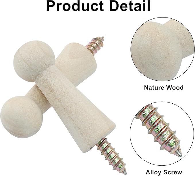 10Pcs Wooden Screw Hooks, Solid Wooden Wall Hooks Screw-On Coat Hooks, DIY Wood Coat Hooks for Hanging Jacket/Towel/Mug/Clothes Crafts(Style-1,Unpainted)