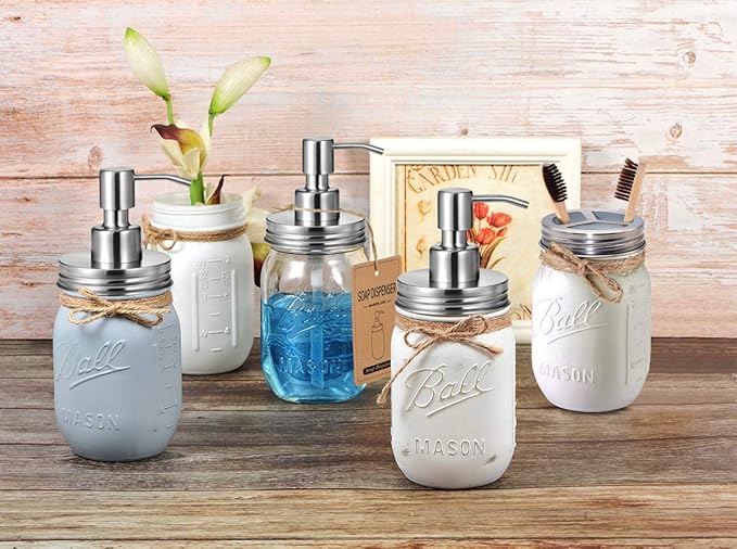 Mason Jar Bathroom Accessories Lids Set(4pcs) -Jars Not Included -Soap Dispenser,Toothbrush Holder,and Apothecary Jars Lids for Regular Mouth Mason Jars -Rustic Farmhouse Decor, Brushed Nickel