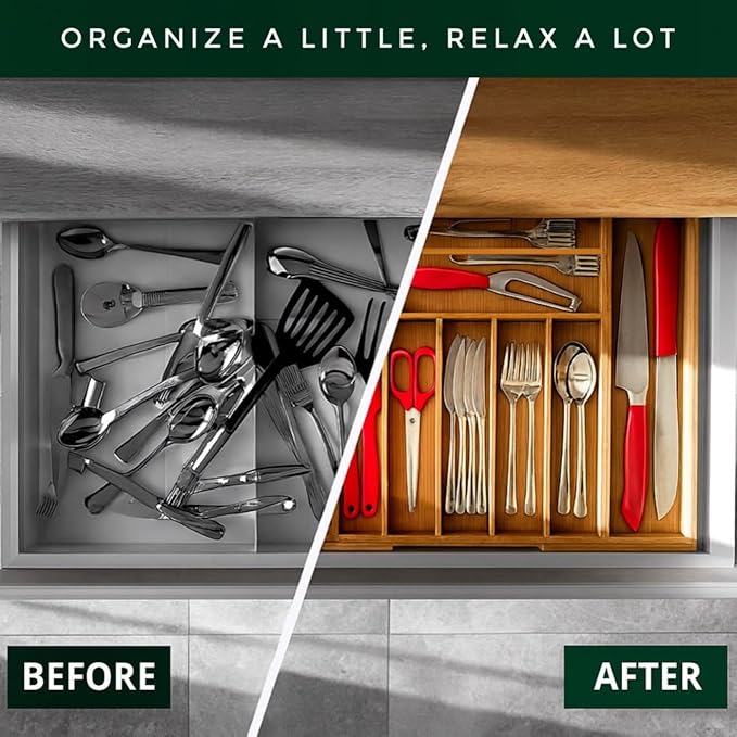 Bamboo Drawer Organizer – Expandable 9 Slot Silverware & Utensil Tray for Kitchen, Office & Kitchen –Fits 13”–19.6” Drawers, Natural Bamboo Wood, Deep Compartments - Durable & Eco-Friendly