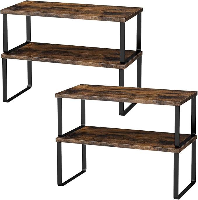 Cabinet Shelf Organizers, 15.7 inches Large Kitchen Counter Shelf, Set of 4 Wood Kitchen Pantry Organizer, Storage Shelves for Countertop, Spice Rack, Stackable, Expandable, Metal Black, Brown