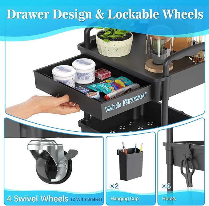 3 Tier Rolling Storage Carts with Removable Drawers, Lockable Wheels, Hooks & Cup Holders â Easy Assembly Storage Organizer for Kitchen, Bathroom, Office, Craft Room, Makeup, Black