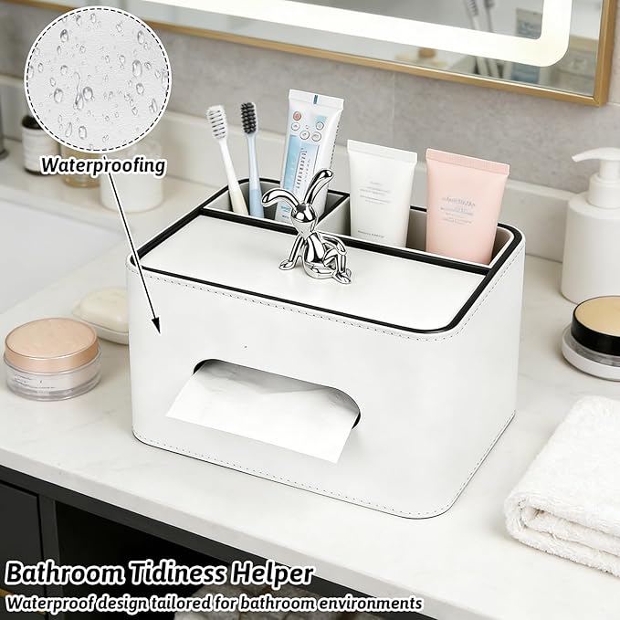 PU Leather Tissue Box Cover Square - Multifunctional Tissue Box Holder with Storage, Tissue and Remote Control Holder Organizer with Compartments for Bedroom Nightstand, Desk, Living Room (White)