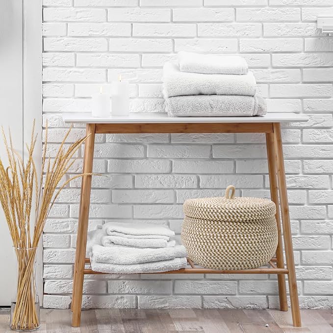 Small Cotton Rope Storage Basket with Lid, 8 inch Round Woven Covered Basket for Organizing, Decorative Lidded Baskets for Nursery Shelf, Boho Makeup Organizer for Vanity Countertop