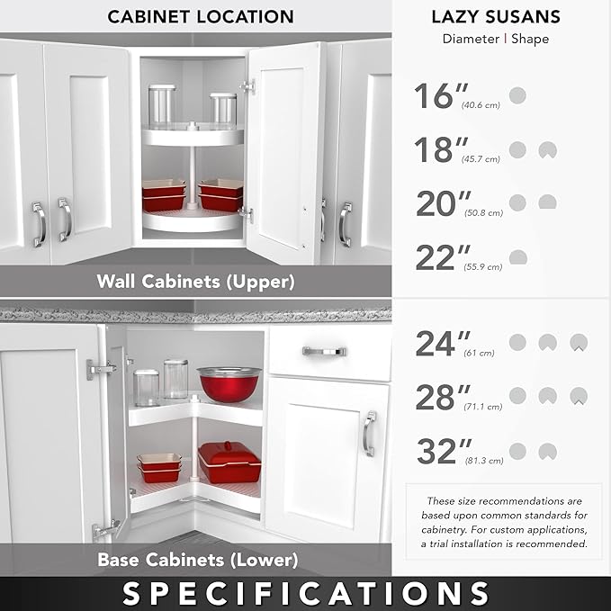 Rev-A-Shelf 2 Tier Kidney Cut Lazy Susan for Corner Base Cabinets, Plastic, 24" Double Shelf Swivel Kitchen Spice/Can Organizer, White, 3472-24-11-52