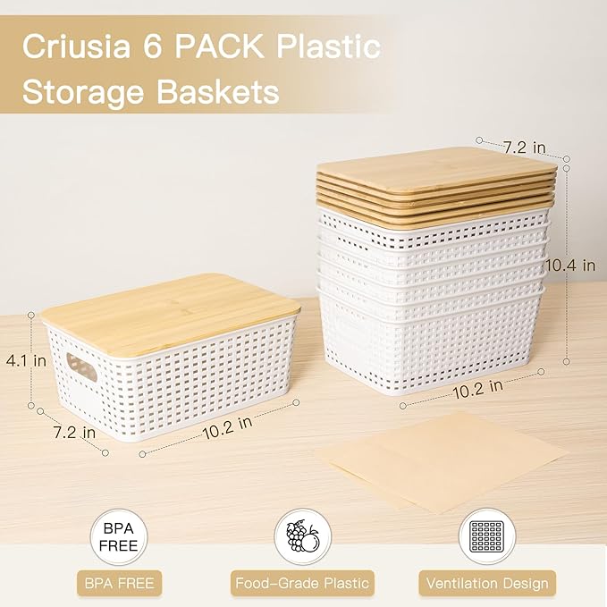 Criusia 6 Pack Plastic Storage Baskets With Bamboo Lid, Stackable Storage Baskets for Organizing Desktop Closet Shelves Drawers Pantry Organization Office Playroom Classroom