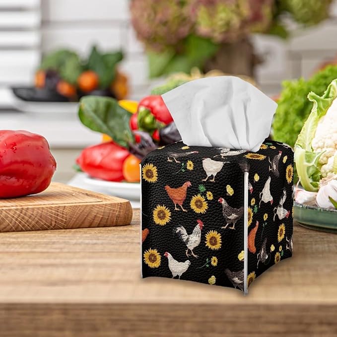 Rooster Chicken Sunflower Tissue Box Cover Modern Tissue Case Facial Paper Organizer Dispenser Square Decorative PU Leather Tissue Box Holder for Vanity Countertop