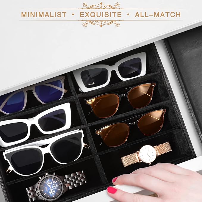 Emibele Glasses Organizer Jewelry Tray, 8 Grids Velvet Tray Watch Storage Stackable Jewelry Showcase Display Storage with Detachable Inner Dividers, Black