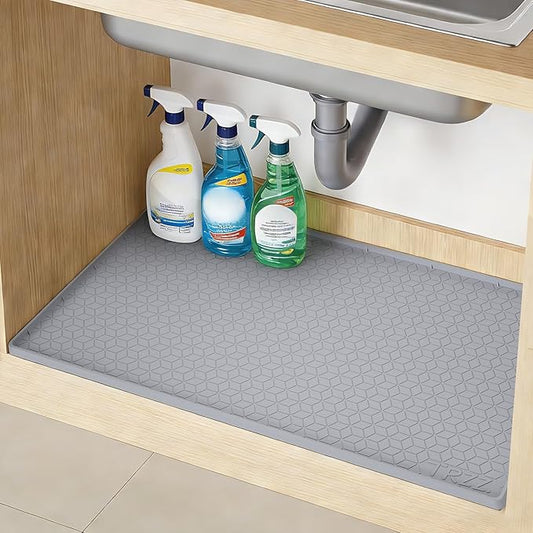 TRZZ Silicone Waterproof Under Sink Mat 34" x 19", Drip Tray and Cabinet Liner for Kitchen and Bathroom, Prevents Water Damage and Organizes Cabinets (Grey)
