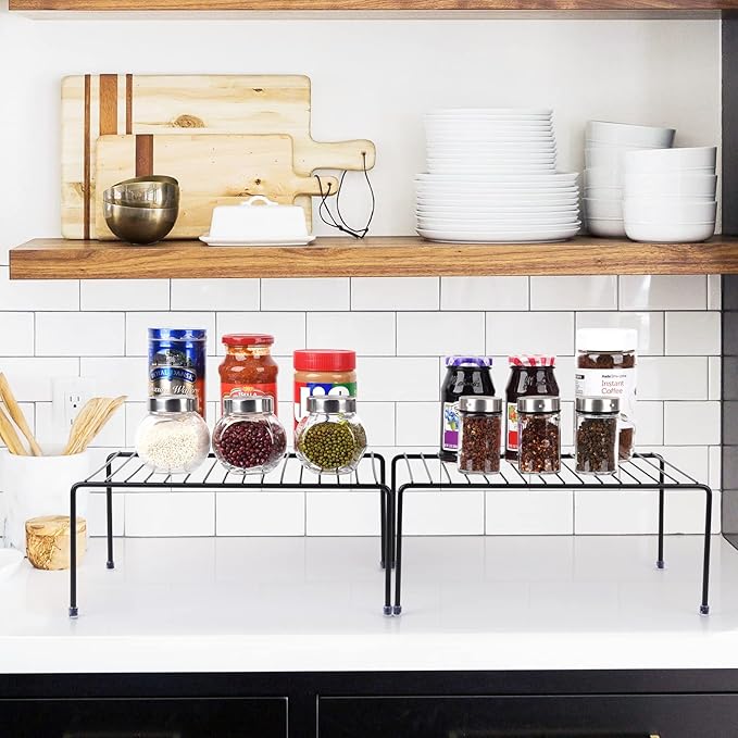 Kitchen Cabinet Storage Shelf Rack/Plastic Feet - (13.1 x 10.2 Inch) - Steel Metal - Rust Resistant Finish - Cups, Dishes, Cabinet & Pantry Organization (6, Black)