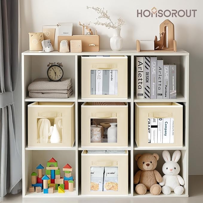 Foldable Storage Cubes - Cubby Storage Organizer with Window, Decorative Baskets for Organizing, Fabric Bins for Clothes Storage, Closet Storage Cubes-11inch, Set of 8, Beige