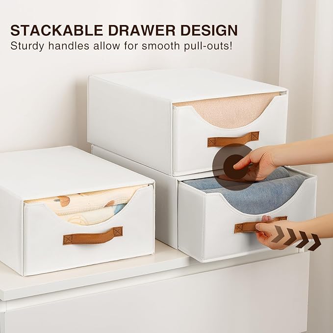 Stackable Storage Drawers - Large Collapsible Storage Bins with Drawers, 8 Pack Closet Shelf Organizer Basket, Fabric Pull Out Organizer for Bedroom, Living Room, Dorm, White