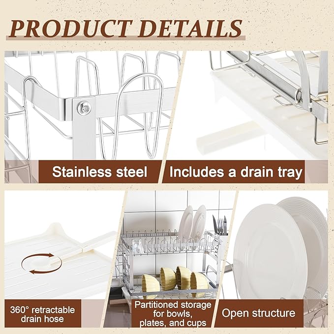 LemonRoad 2 Tier Dish Drying Rack Set Large Capacity Stainless Steel Dish Drainer Rack for Kitchen Counter Removable Plate Strainer Shelf with Drain Board Utensil Holder Drain Spout Cup Holder, Sliver