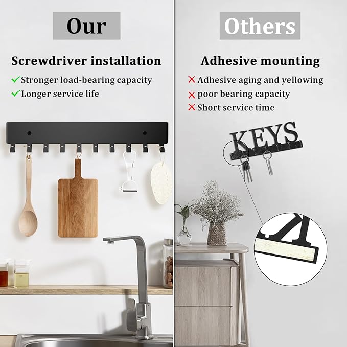 Key Holder Wall Mount with 10 Hooks - Key Rack Organizer for Entryway, Kitchen & Office, Screw-in Mounting 1 Pack 14 Inch