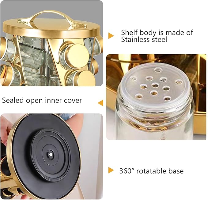TINMIX Portable Stainless Steel Spice Rack with 8 Spice Jars Included Revolving Spice Organizer for Kitchen Tower Storage Rack for Spices and Seasoning Gold