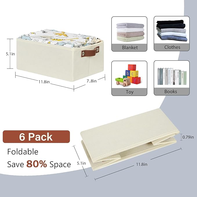 HNZIGE Fabric Small Baskets for Organizing, 6 PCS Storage Organizer Bins for Shelves, Small Bins for clothes with Handles, Shelf Closet Storage Bins for Organizer Home, Office(Cream,11.8 x 7.8 x 5.1)
