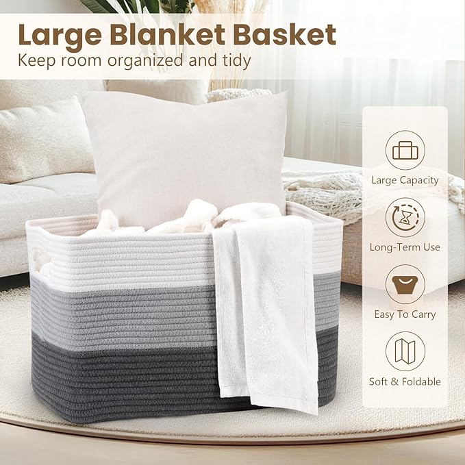95L Large Blanket Basket, Woven Storage Baskets with Reinforced Handles, Rope Laundry Basket for Living Room, Bedroom, Nursery, Toys, Clothes, Pillows, 24â x 17â x 13.5â, White & Grey