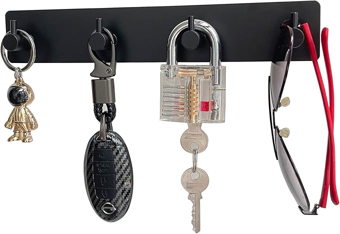Wall Mounted Key Holder,4 Key Hooks for Wall Decorative,Adhesive Key Organizer Key Hanger for Entryway, Kitchen, Bedroom,Bathroom - (Black, 4 Hooks)