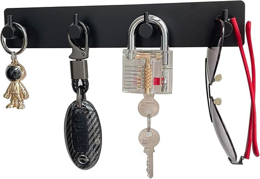 Wall Mounted Key Holder,4 Key Hooks for Wall Decorative,Adhesive Key Organizer Key Hanger for Entryway, Kitchen, Bedroom,Bathroom - (Black, 4 Hooks)