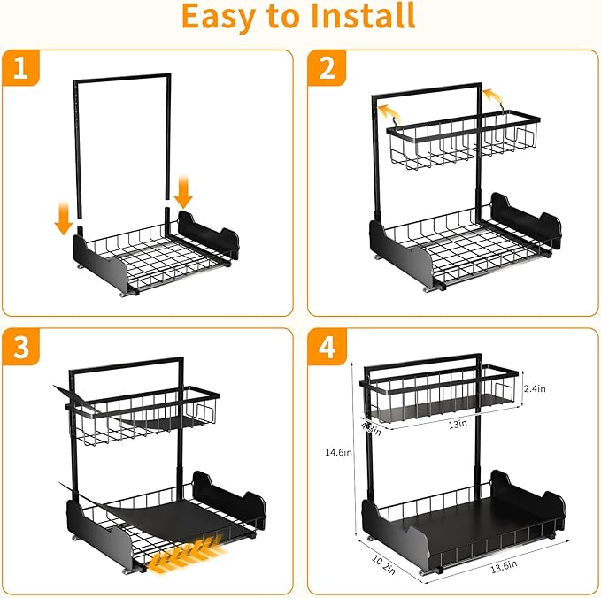 Under Sink Organizer, 2-Tier L-Shaped Pull Out Cabinet Shelf with 2 Installation Methods, Adjustable Sliding Storage Drawer for Kitchen, Bathroom, Laundry, Metal, Black, 2-Pack