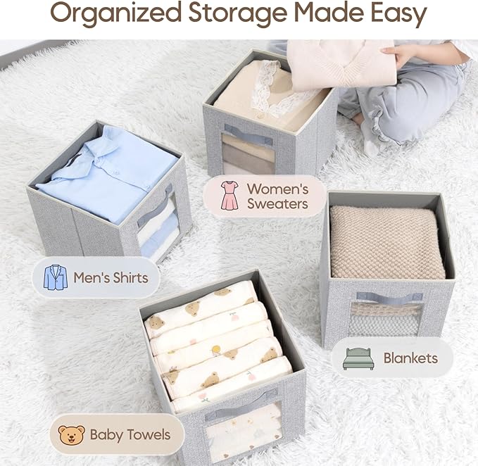 Foldable Storage Cubes - Cubby Storage Organizer with Window, Decorative Fabric Bins for Clothes Storage, Closet Organizers for Shelves, 11inch, Set of 8, Light Grey