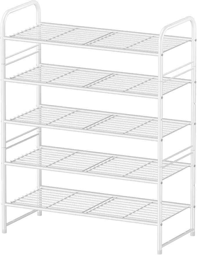 5-Tier Stackable Shoe Rack, Metal Shoe Shelf Storage Organizer, White