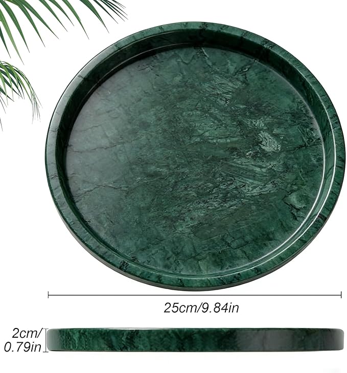 Natural Marble Tray, Round Green Tray for Bedroom/Bathroom/Kitchen/Vanity Countertop, Jewelry Tray for Rings Earrings Necklace Bracelet Watch, Room Decor Aesthetic